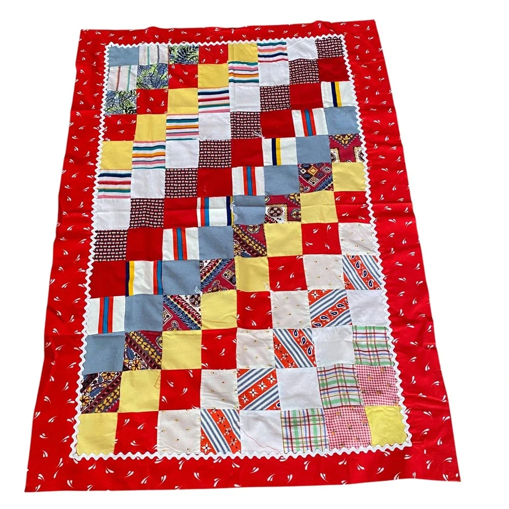 Vtg Handmade Patchwork Quilt Topper Red Ric-Rac Trim Farmhouse Decor No Stuffing